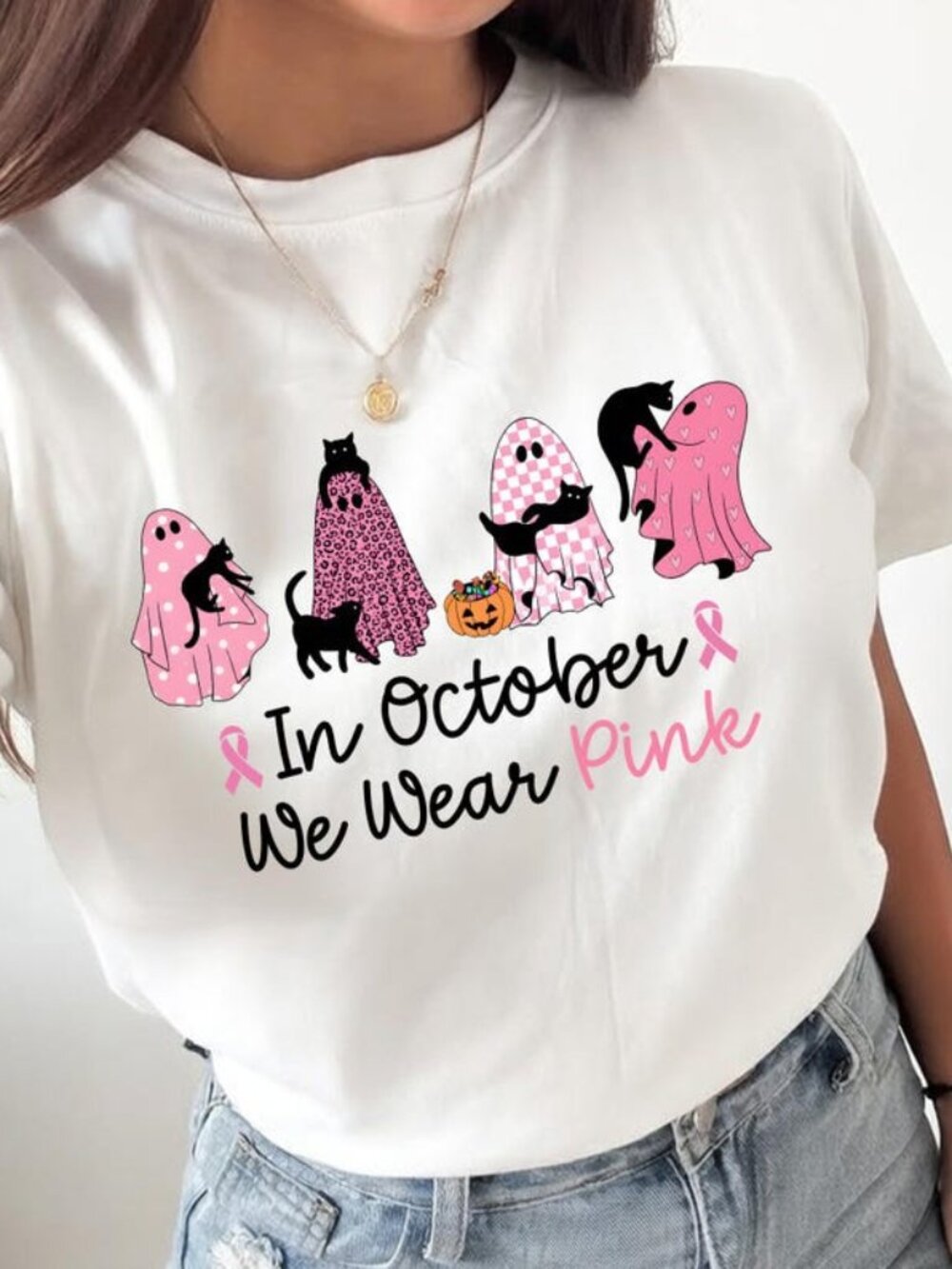 In October We Wear Pink Shirt, Halloween Ghost and Cats Tee